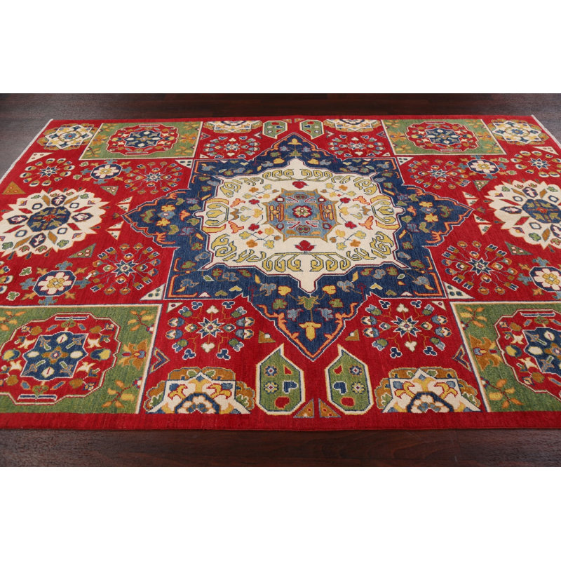 Tapis oriental à motif géométrique à motif de légumes Kazak noué à la main 6 x 9