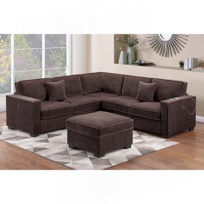 Modern Style 4Pc Sectional Set Right Arm And Left Arm Loveseat USB Port Plastic Legs Cocktail Ottoman Matching Two Pillows Chocolate Finish Primary Living Room