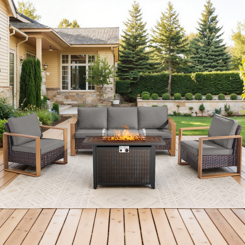Drazen 5 - Person Patio Furniture Set With Fire Pit Table, All-Weather Wicker Outdoor Conversation Set With Chair And Thick Cushions