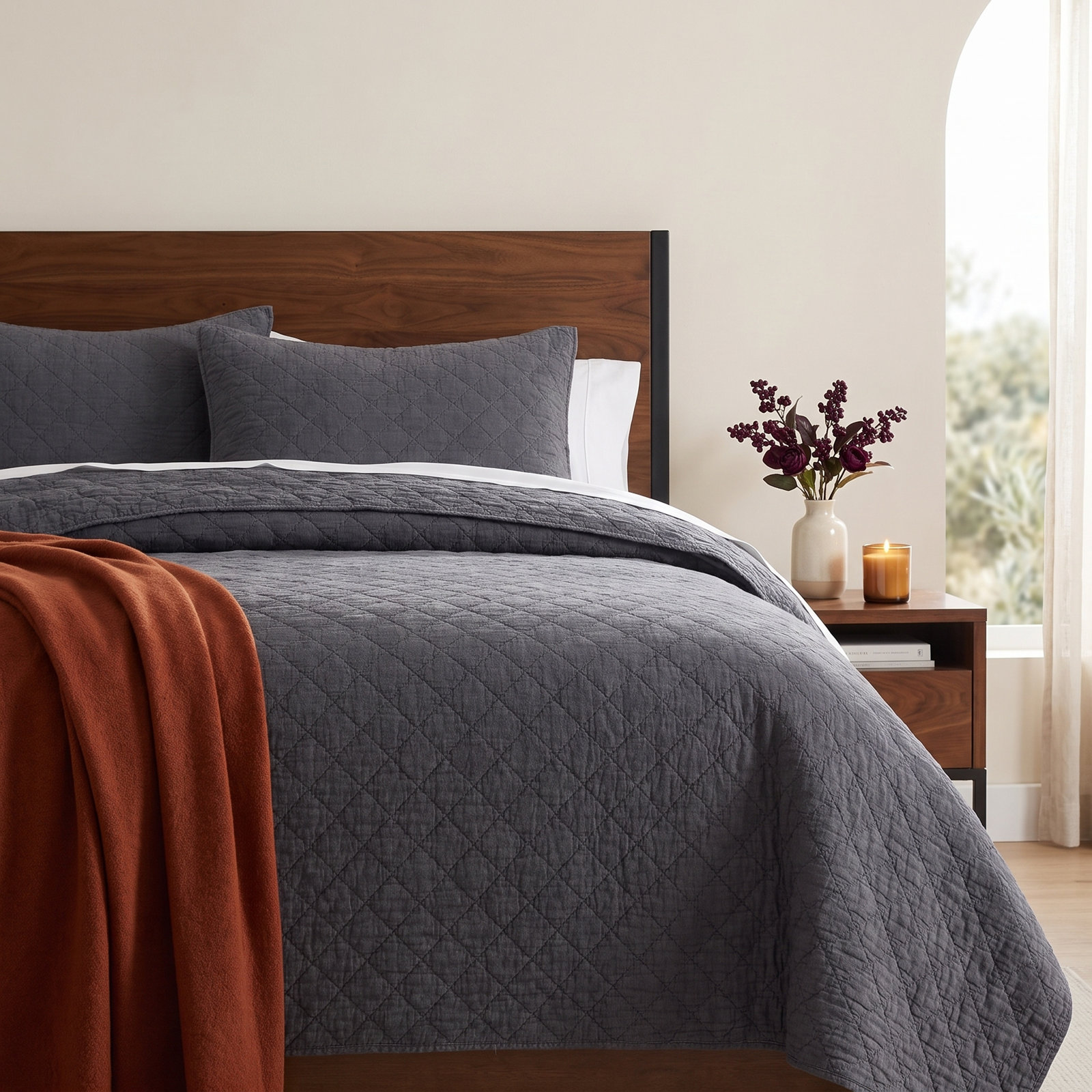 Bostwick Cotton Gauze Quilt Set, Twin Quilt, Charcoal
