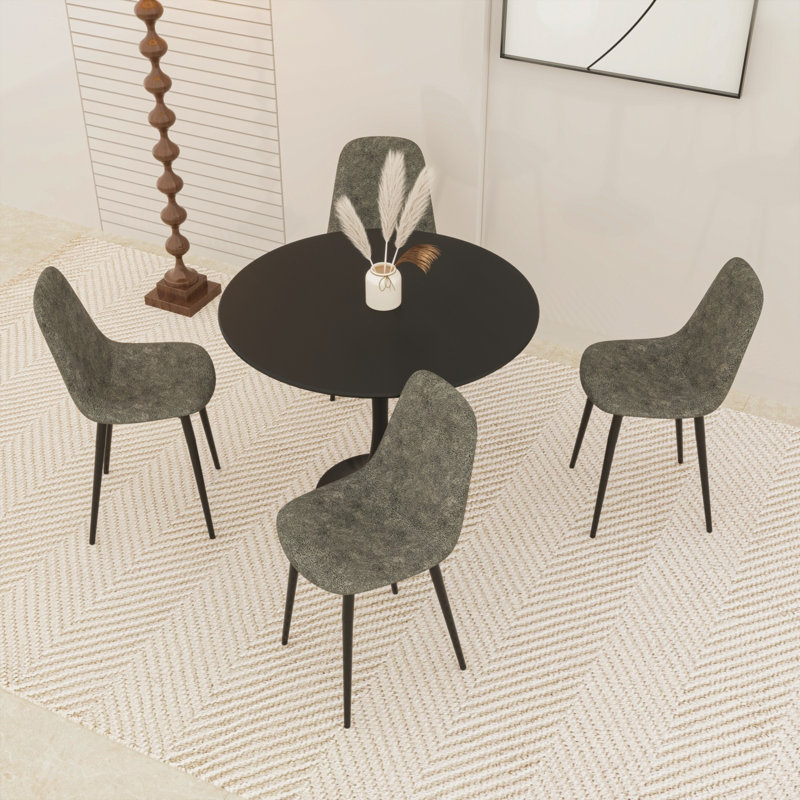 Ensemble de table de salle à manger de 31,5 po pour 4 personnes, table de salle à manger noire en MDF facile à nettoyer avec pieds en métal durables, 4 chaises de salle à manger confortables en suède