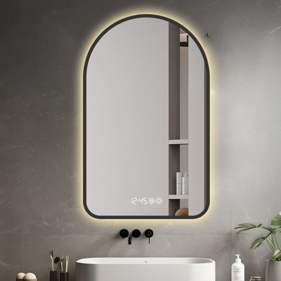 48×32 Black Arched Bathroom Mirror: 5mm Explosion-Proof, 3-Colour Dimmable, Defogging, with Temp/Time Display