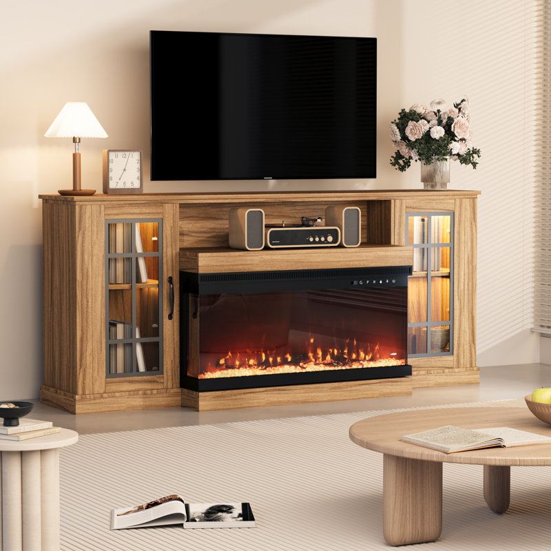  Meuble télé 70 po pour téléviseur de 80 po ou moins avec foyer, Bois naturel