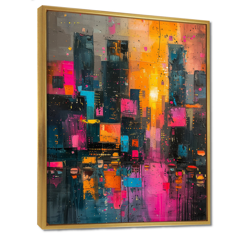 Édifices muraux de luxe urbain rose et noir - Bâtiments de ville, art mural, H 12 po x l 20 po, Cadre flottant doré