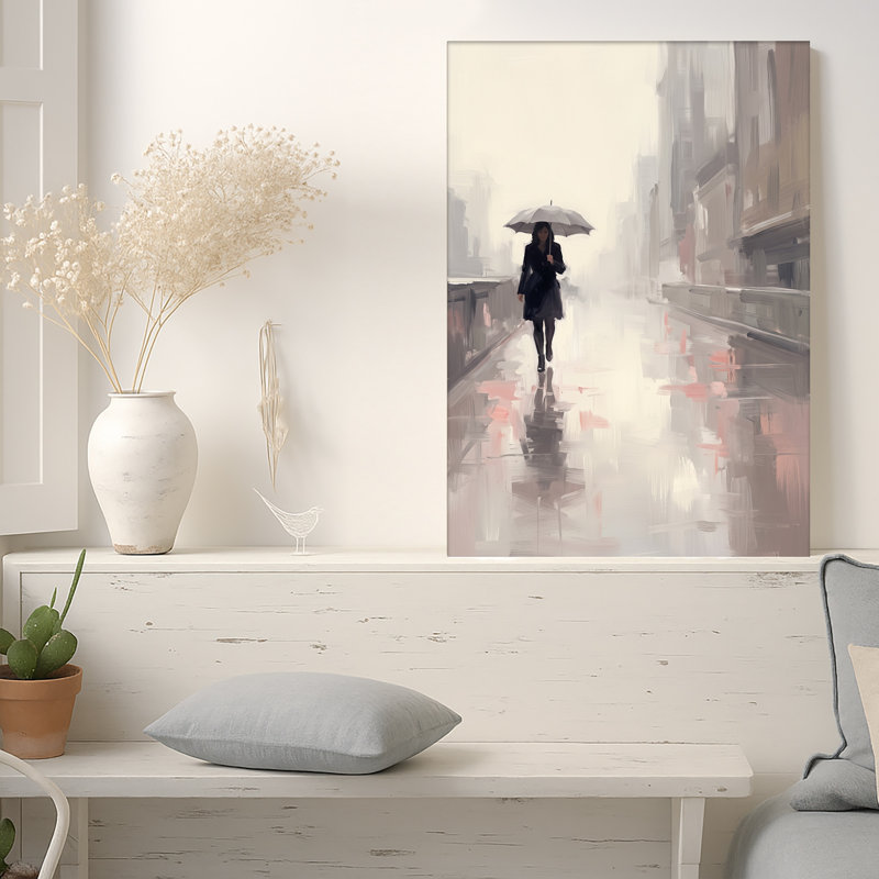 «Woman with Umbrella In Rainy City Street», art mural, 24"H x 16"W