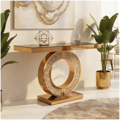 Console en miroir avec incrustation de diamant concassé, longue entrée modulable, base étroite en forme de 0 moderne (brun)