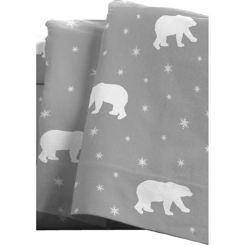 Twin XL Gray Cotton Flannel Polar Bear Print Sheet Set