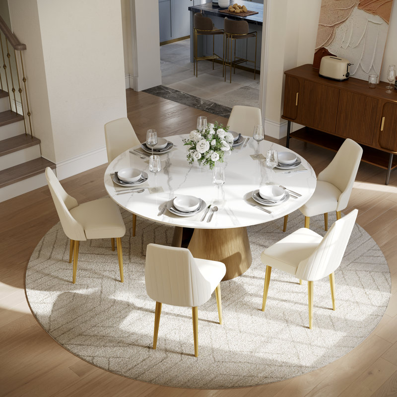  Ensemble de salle à manger moderne 5/7 pièces, ensemble de table de salle à manger rond pré-assemblé, ensemble de table de salle à manger en pierre frittée avec chaises rembourrées en polyuréthane