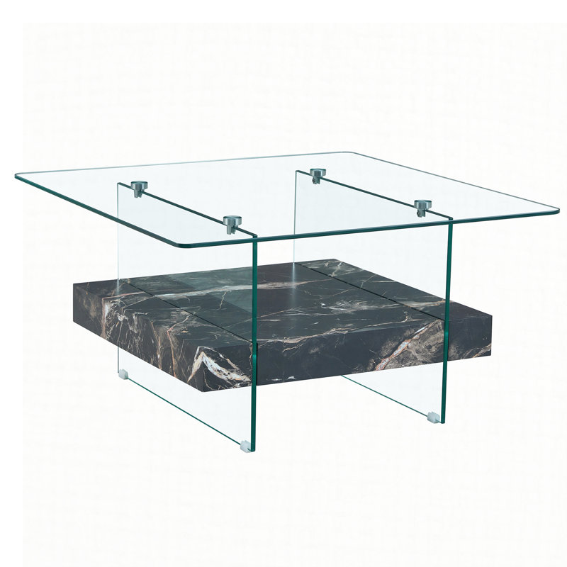 31.4 Inch Modern Two-Tier Square Coffee Table - An Elegant Combination of Clear Glass and Marble Pattern Sticker.It can be used as a coffee table,a side table or a display stand