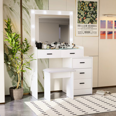 Modern Dressing Table With Extra Storage And Touch Sensor Led Lights Matte White Makeup Cabinet Sliding Mirror Large