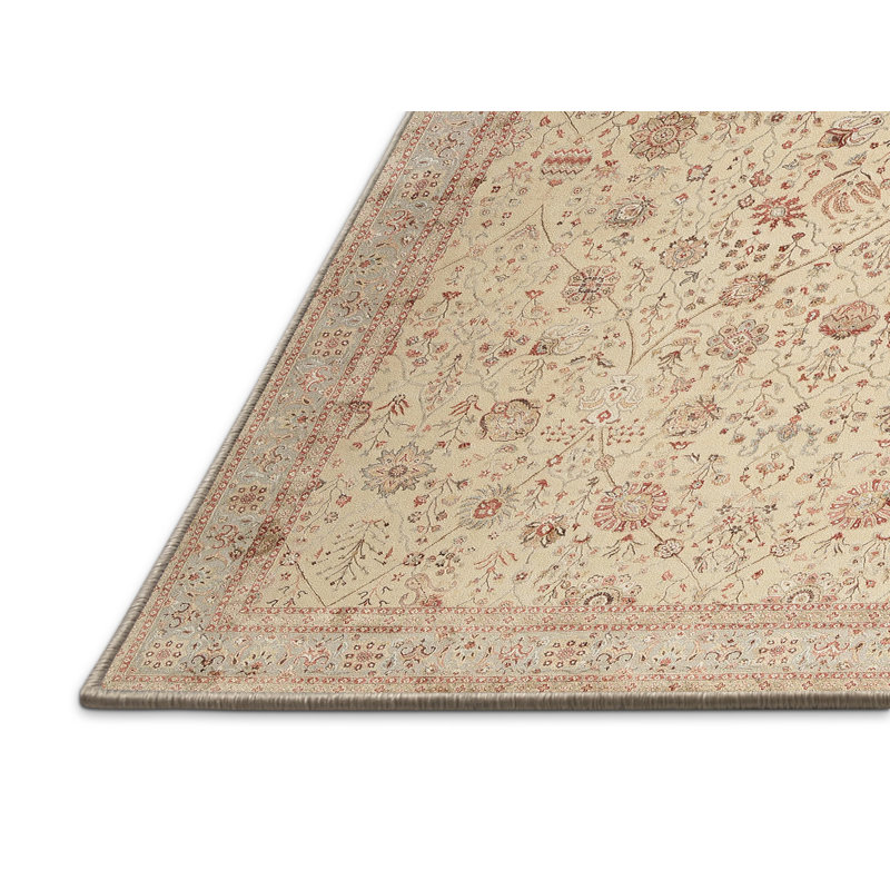 Tapis floral beige / rose clair en laine, Rectangle 5 pi x 8 pi