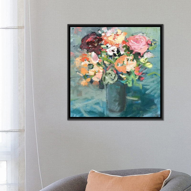 «Teal Bouquet», reproduction sur toile, H 18 po x l 18 po x P 1,5 po, Toile encadrée noire, Pas de tapis