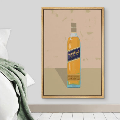 «Signature», reproduction d'art sur toile encadrée, bouteille de liqueur brune sur fond vert, boissons, cocktails, art moderne, chic, amusant, multicolore, chaleureux pour le salon, la chambre à coucher, le bureau - 16 po x 24 po - blanc
