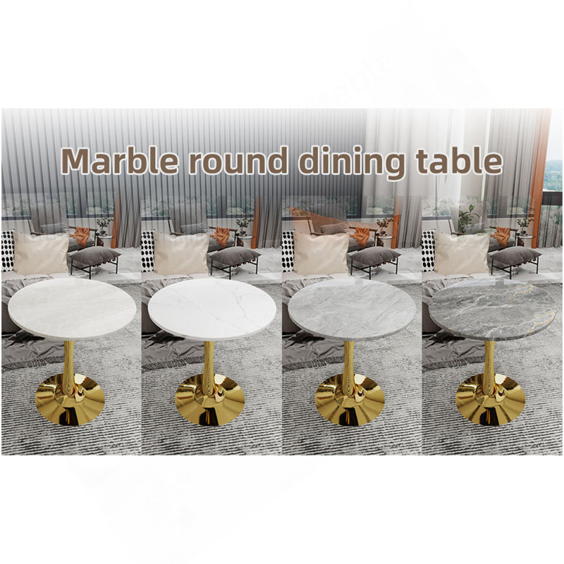 Marble-Top Round Side Table With Tapered Pedestal Base, Ideal For Living Room, Modern Minimalist Design, Gold, Gray