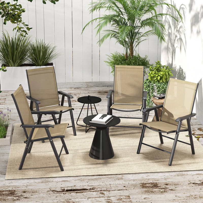 Set of 4 Outdoor Folding Patio Chairs, Stackable Sling Dining Chairs with Armrests, Metal Frame, Light Brown for Garden, Yard, Deck