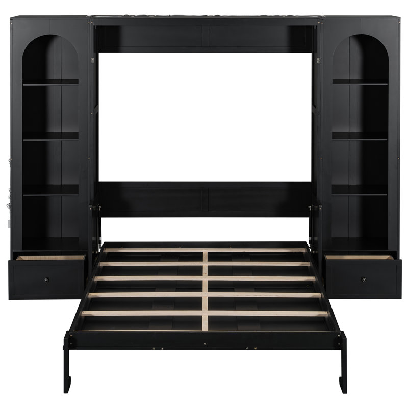 Grand lit plateforme escamotable grand format avec tablette, armoires latérales, tiroirs et DEL, noir