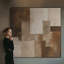 Impression sur tissu grand format - Motif géométrique abstrait neutre brun et beige pour salon ou chambre - « Assemblage du cadre requis (cadre non fini) »-135869465
