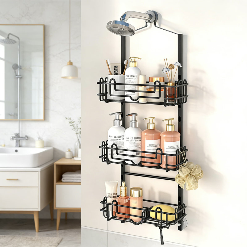 Shower Caddy Hanging Organizer With 3 Adjustable Rustproof Baskets, 24 Hooks, Soap Tray & Razor Holder - No Drill Over The Showerhead Bathroom Storage Rack