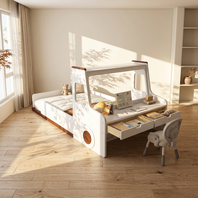 Lit simple en bois avec tiroirs de rangement et bureau intégré Bonwell l 40 po x P 88,5 po x H 43,3 po, Lit simple, White