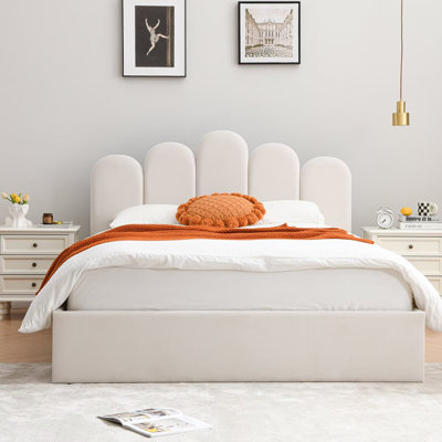Velvet Palm-shaped Headboard Full Bed Frame with Lift Up Storage, No Box Spring Needed, Cream