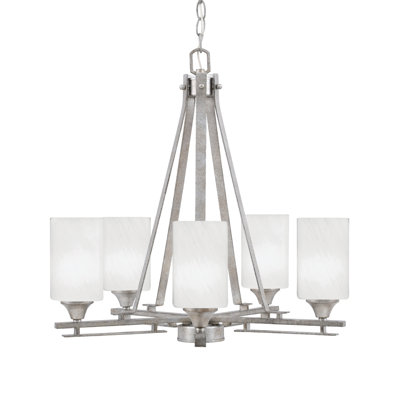 Uptowne 5 Light Uplight Chandelier Shown In Aged Silver Finish With 4" White Marble Glass
