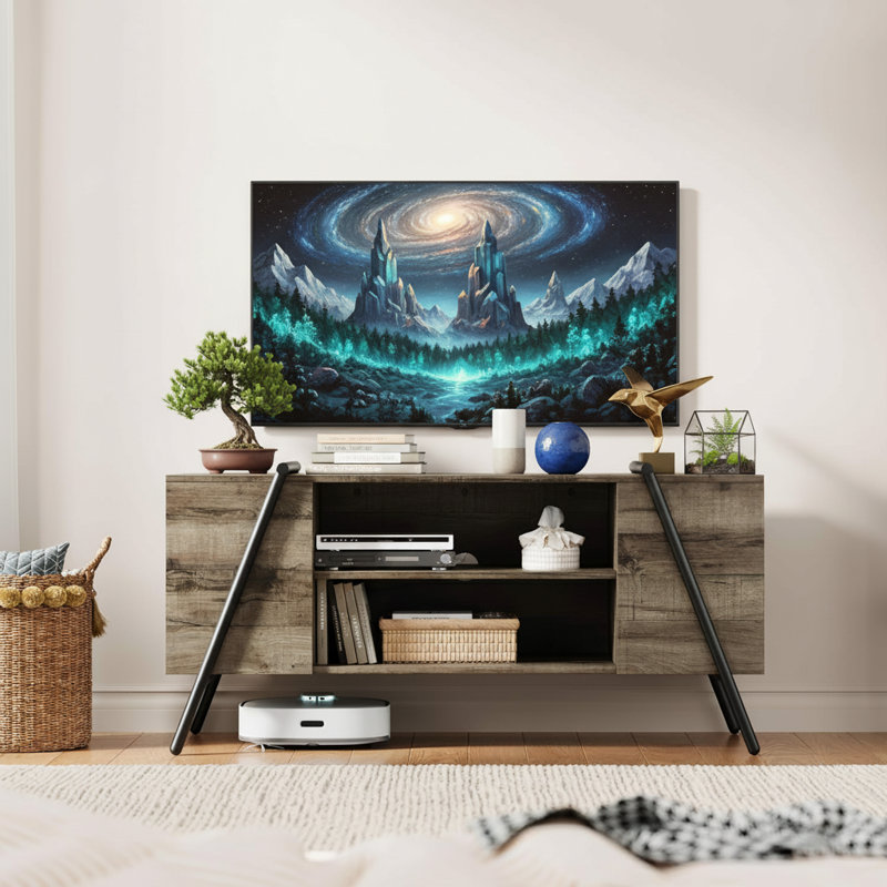 TV Stand, With Adjustable Open Shelves And Slanted Metal Legs, Rustic Gray, 21.97"H x 47.24"L x 15.47"W