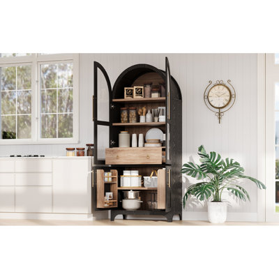 71" Arched Kitchen Cabinet With 4 Doors, 2 Adjustable Shelves, Hidden Drawer And Long Stylish Bass Handle, Black Wood Grain Pantry Metal Handles, For Dining