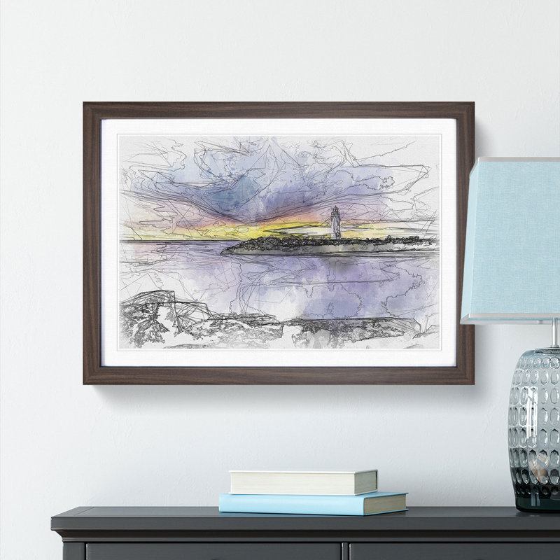 Remote Lighthouse & Seascape Sketch - Picture Frame Graphic Art Print, 62cm H x 87cm W x 2cm D, Walnut Framed