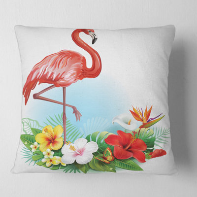 Arrangement with Tropical Flowers and Flamingo Square Pillow Cover and Insert
