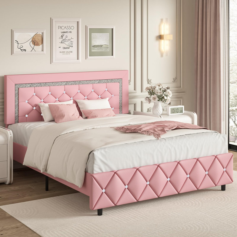 Ensemble de lit plateforme en similicuir Alber, Lit double, Rose/Blanc