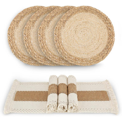 Ensemble de 4 napperons faits à la main en coton naturel avec toile de jute et paille d'eau