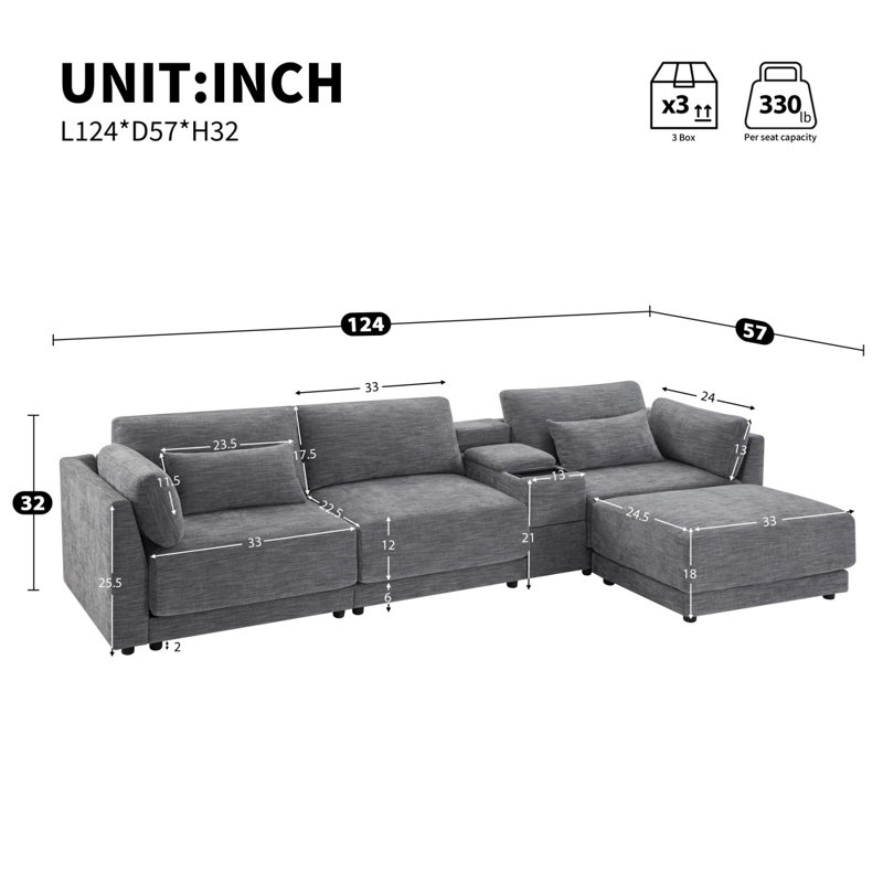 Modular Sectional Sofa with Storage Console and Movable Ottoman, Grey Chenille