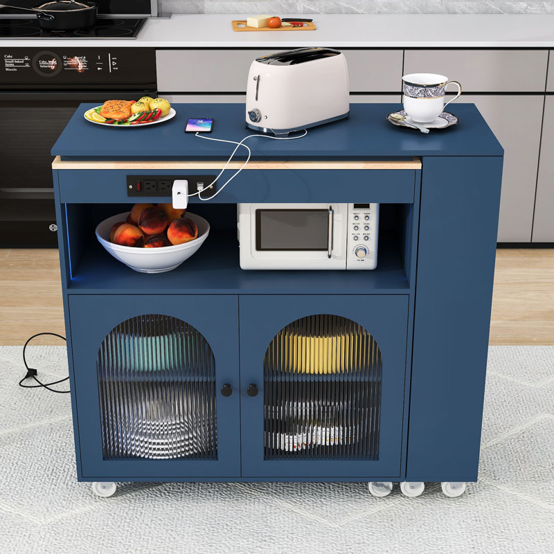 Rolling Kitchen Island with Extended Table, Kitchen Island with LED Light, Power Outlets and Storage, Navy