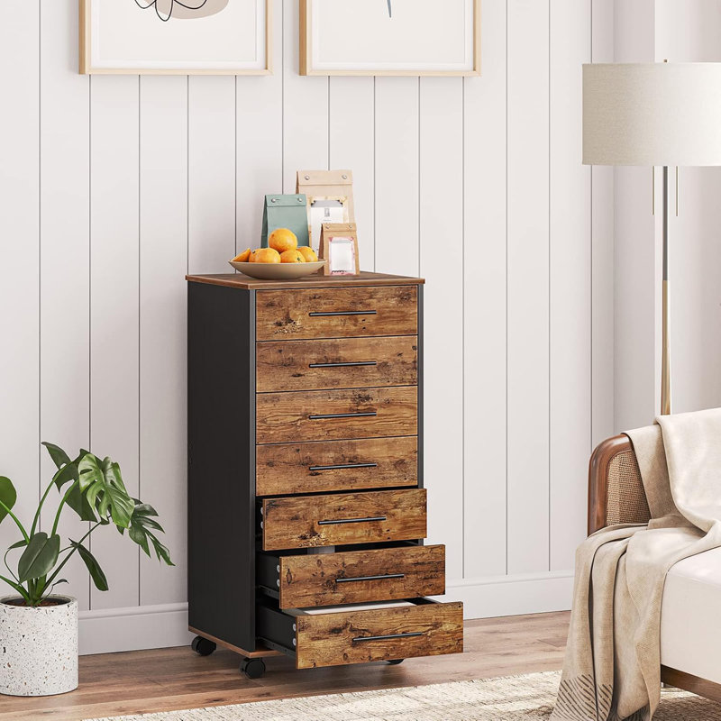 Rustic Brown & Black 7-Drawer File Cabinet - Wooden Office Storage Cabinet, Mobile Filing Drawer For Home Office/Study (Easy Assembly)