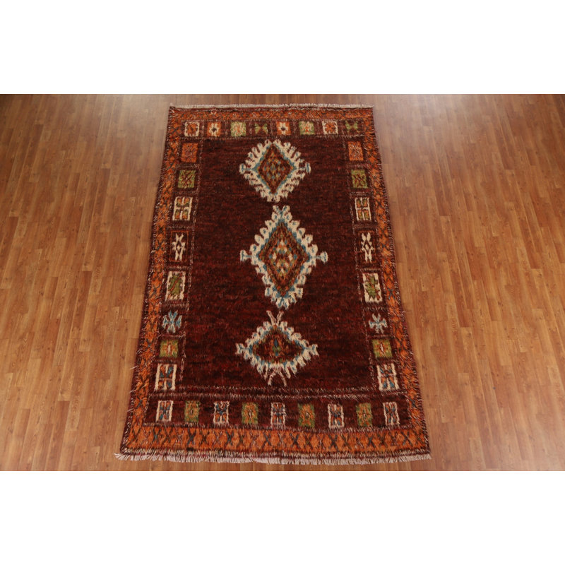 Tapis rouge en laine noué à la main de conception unique 6 pi 4 po x 10 pi 3 po New Age