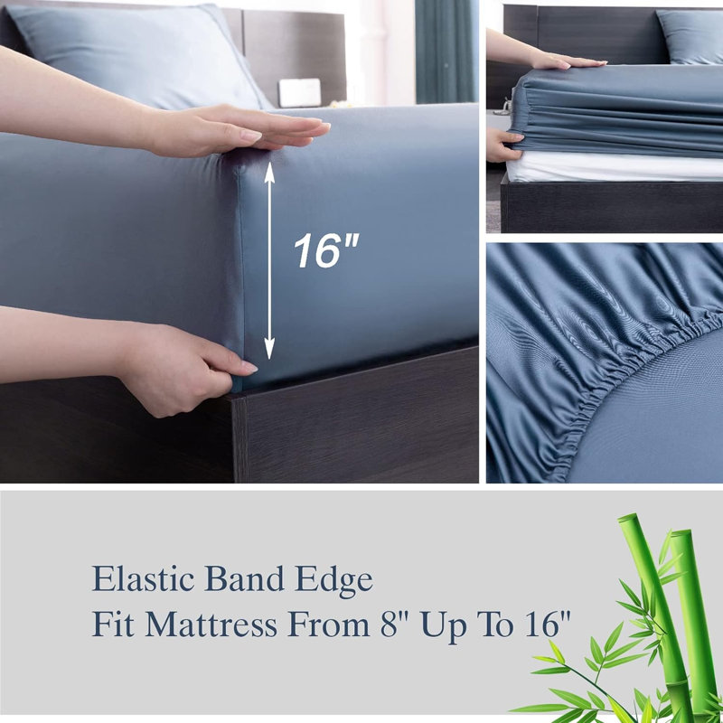 100% Rayon from Bamboo Sheet Set, 16" Deep Pocket Cooling Silky Soft Bed Sheets, Blue Gray, King Sheet Set with 2 Pillowcases