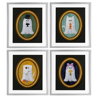 Halloween, fantômes et animaux de compagnie, ensemble de 4 impressions encadrées sous verre, design par Jennifer Stith