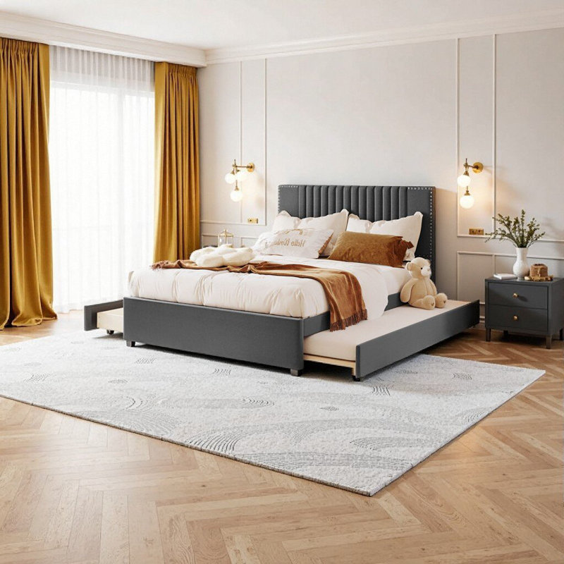 Lit plateforme tapissier pleine grandeur avec 2 tiroirs de rangement et lit gigogne simple, tête de lit classique en lin gris, conception peu encombrante