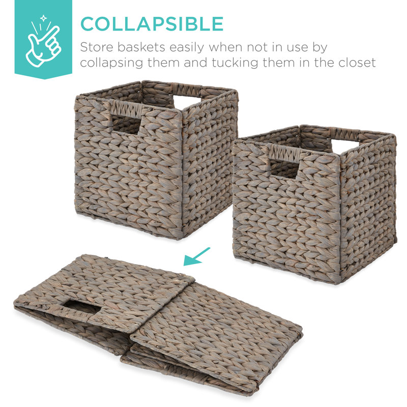Hyacinth Storage Baskets, 5 Multipurpose Collapsible Organizers w/ Inserts, Gray, 13" H x 13" W x 13" D