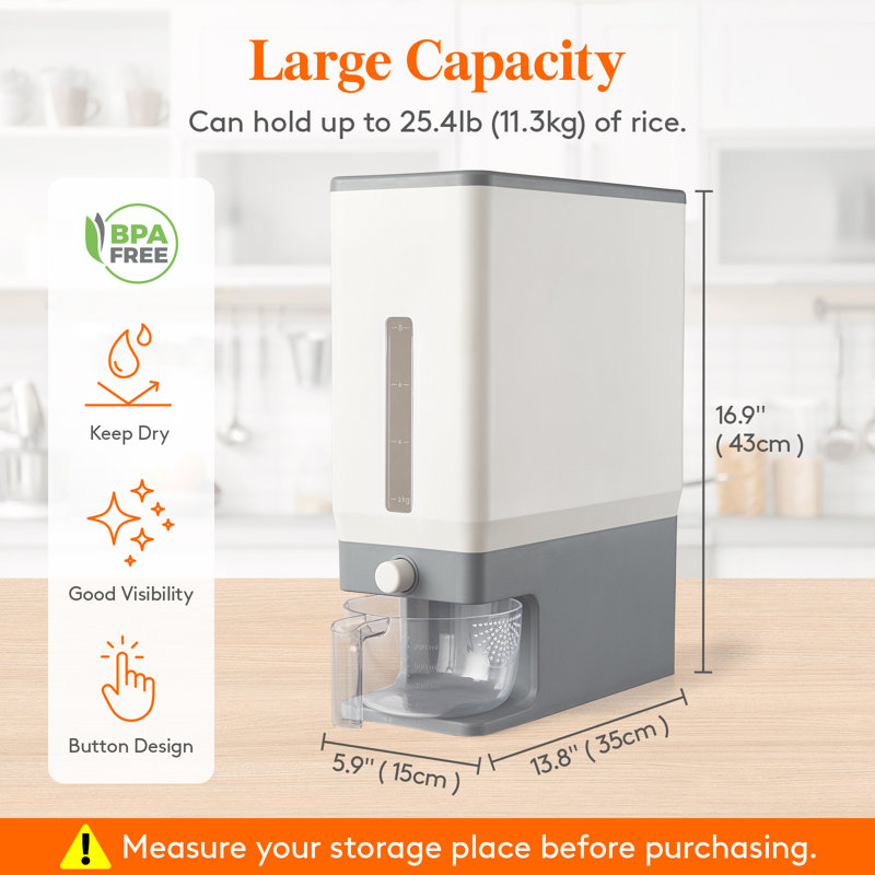 2 Pack Rice Dispenser 25 Lbs(11.3kg), Rice Storage Container Sealed Moisture Proof With Measuring Cup For Kitchen Pantry Household, Bpa-free