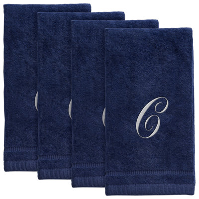Set of 4 Navy Blue Monogrammed Towel - White Embroidered