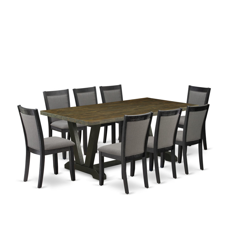 9 Piece Table Set - Distressed Jacobean Top Wood Table with Trestle Base and 8 Dark Gotham Grey Linen Fabric Parson Chairs - Wire Brushed Black Finish