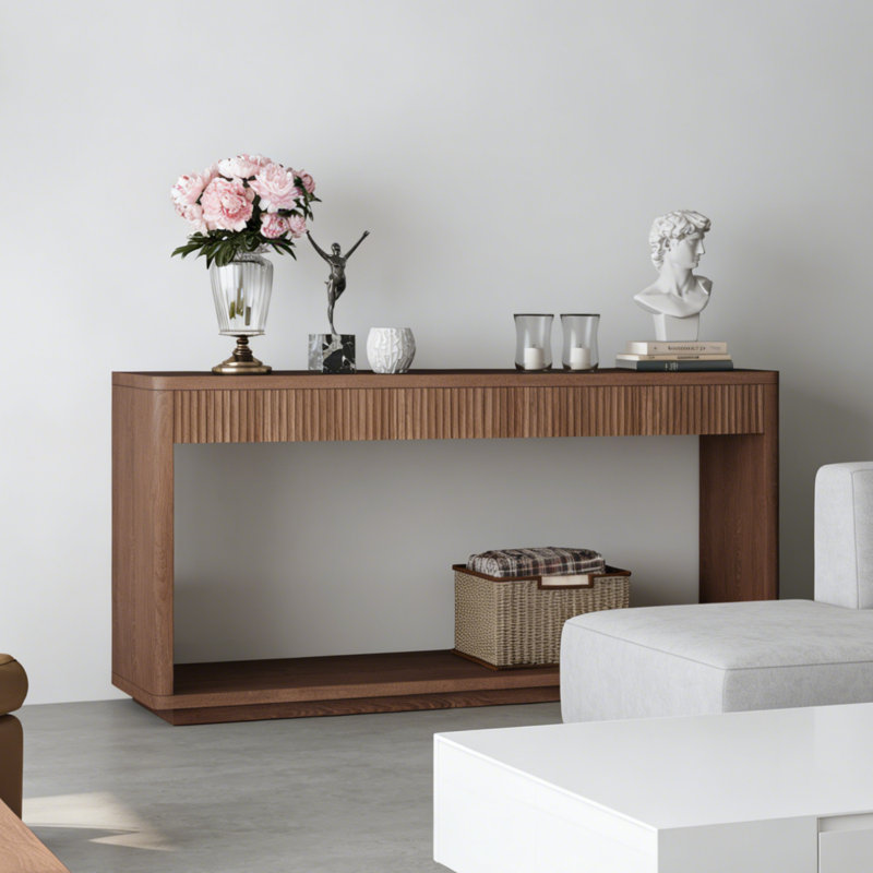 60" Modern 2-Drawer Fluted Console Table | Solid Wood | Walnut Finish | For Living Room, Hallway, Entryway, or Behind Sofa