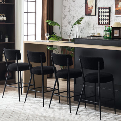 4 tabourets de bar à base en métal - Tissu rembourré en noir confortable pour le café, la cuisine, la salle à manger, le salon, le comptoir de cuisine robuste et élégant,