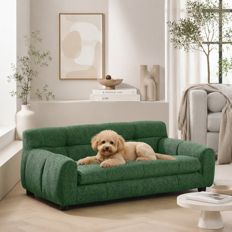 Upholstered Rectangular Pet Bed with Backrest and Armrests, Green