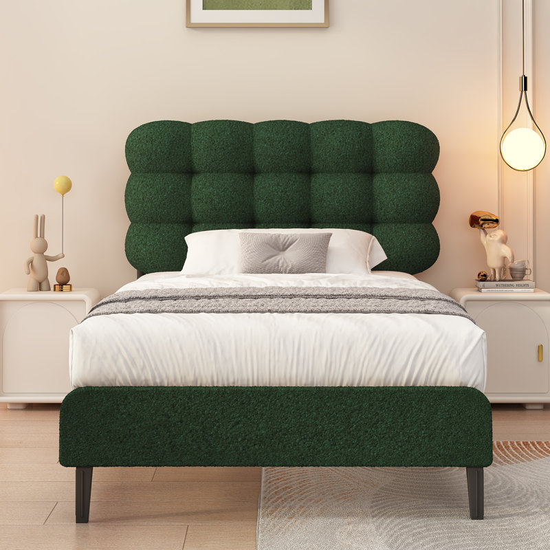 Aadi Upholstered Headboard, Platform Bed with Strong Wooden Slats Support, Two Bed Forms Design, Twin, Green
