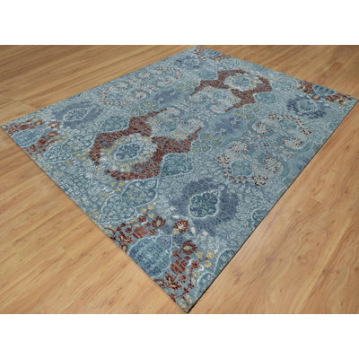 8'1" x 10'1" New Hand Knotted Blue Wool & Silk Rectangle Oriental Rug - MOA10291804
