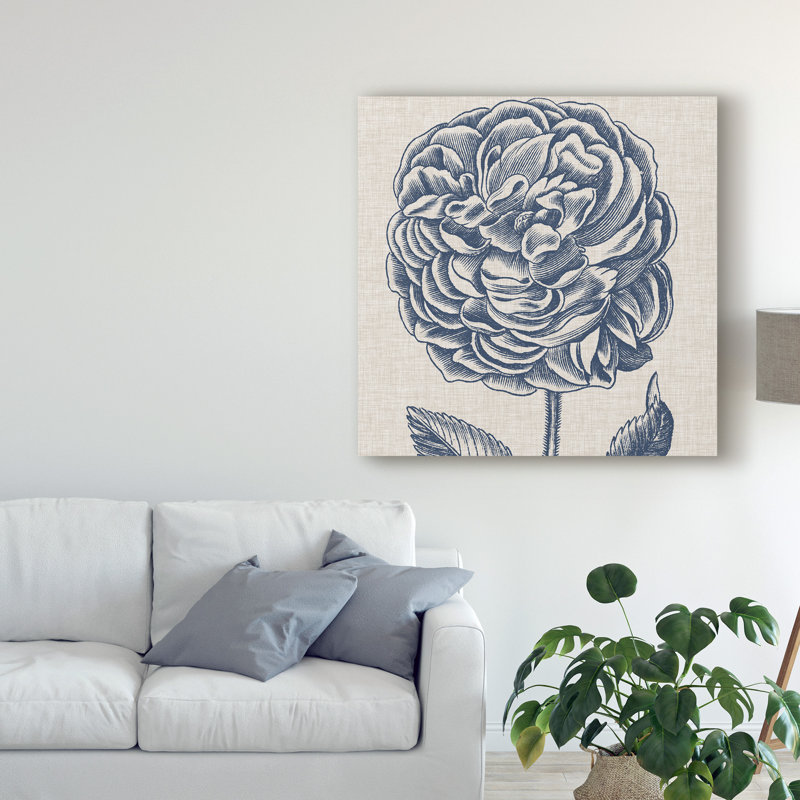 «Indigo Floral on Linen V» par Vision Studio - reproduction de dessin sur toile, H 14 po x l 14 po x P 2 po