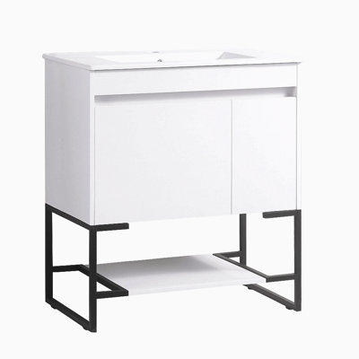 Meuble-lavabo de 30 po avec lavabo, meuble-lavabo avec une porte à fermeture en douceur et tiroirs à fermeture en douceur, meuble de rangement pour salle de bain avec tablette inférieure ouverte, avec pieds en métal, lavabo en céramique blanche, blan
