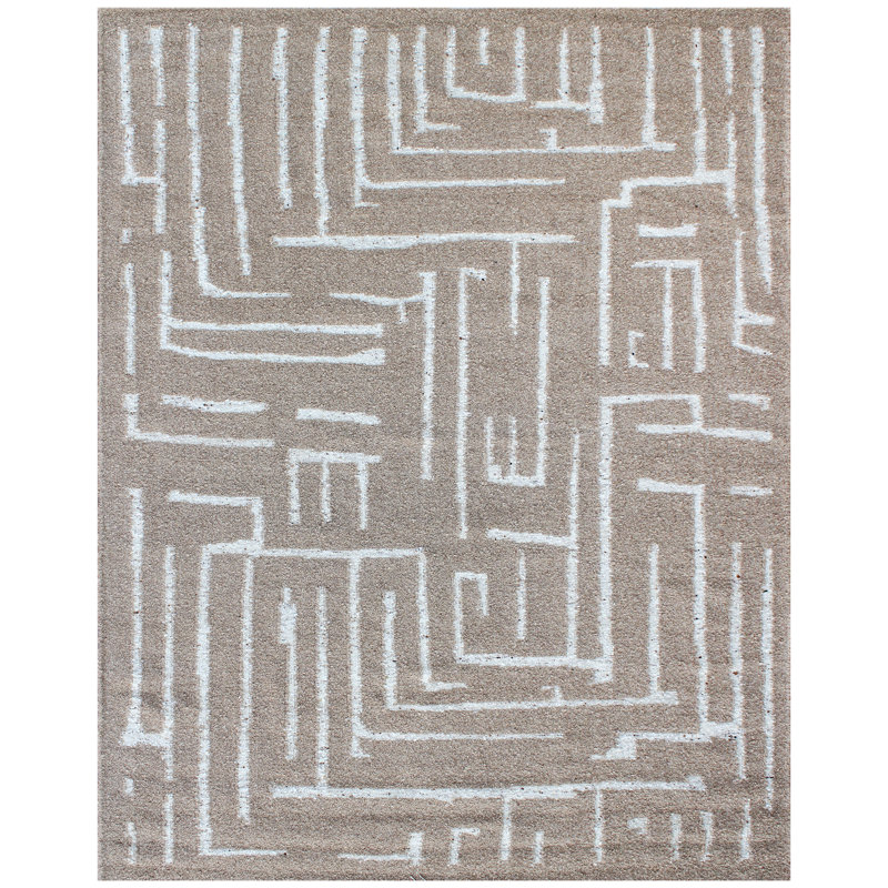Tapis en laine noué à la main en blanc / brun, Rectangle 8 pi x 10 pi